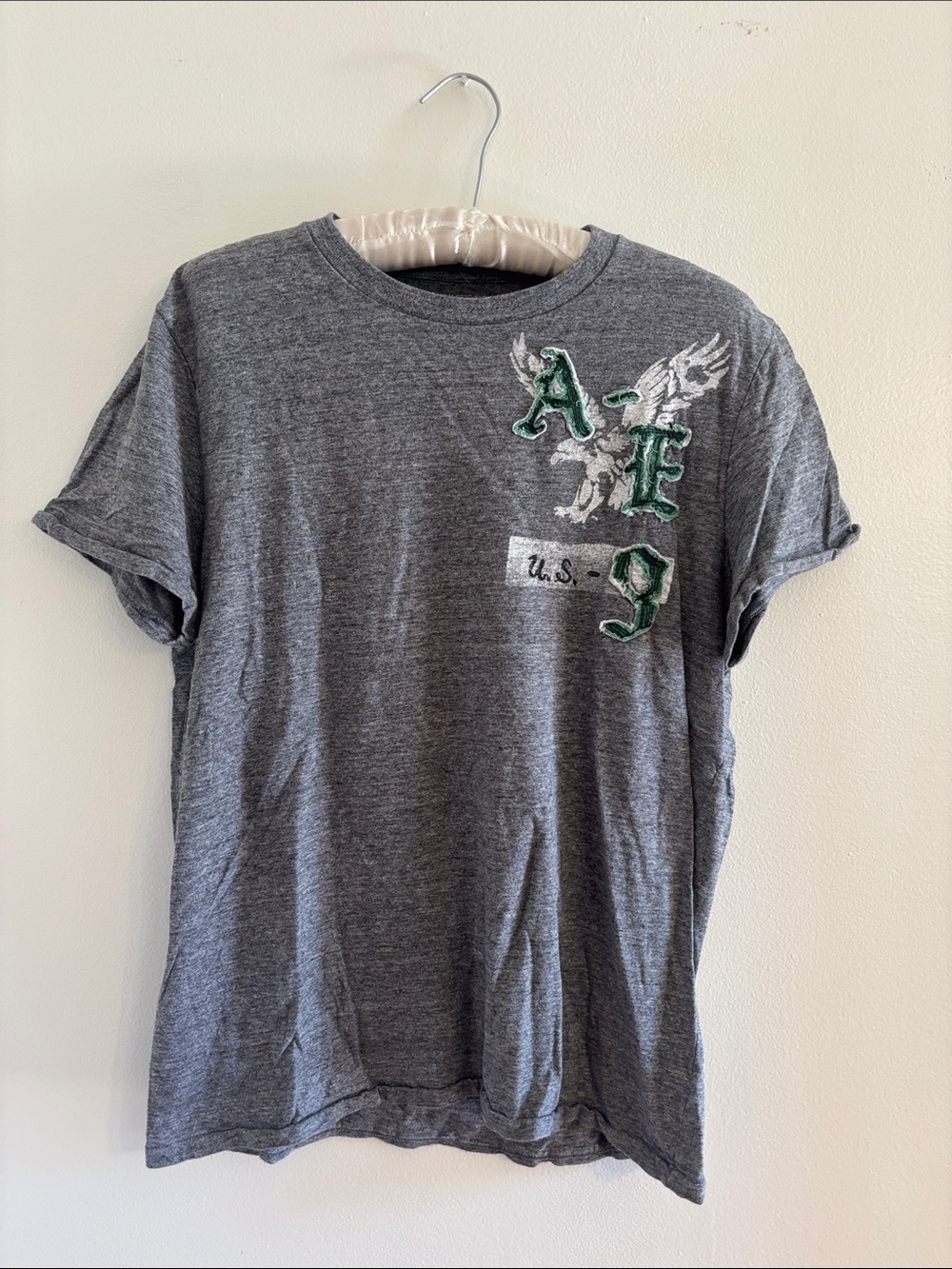 American Eagle Outfitters Gray Tee with Green and White Accents